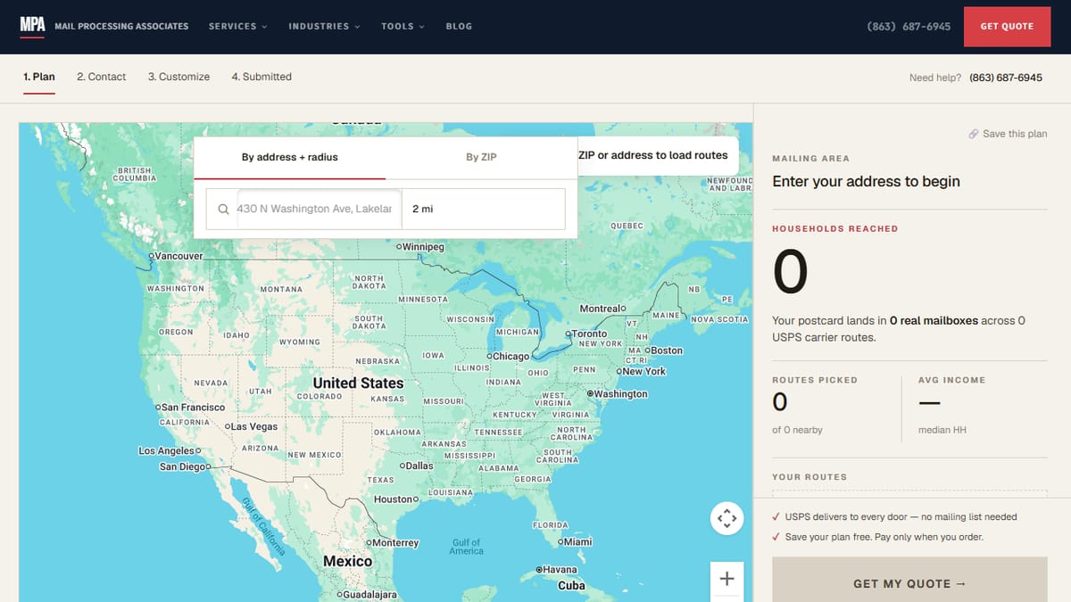MPA EDDM route planner showing carrier routes by ZIP code